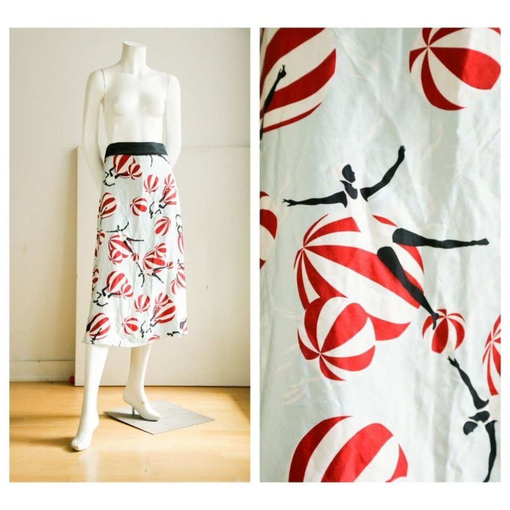 Novelty Print 1920s Swimmers Silk Boas Cut  Midi Skirt M